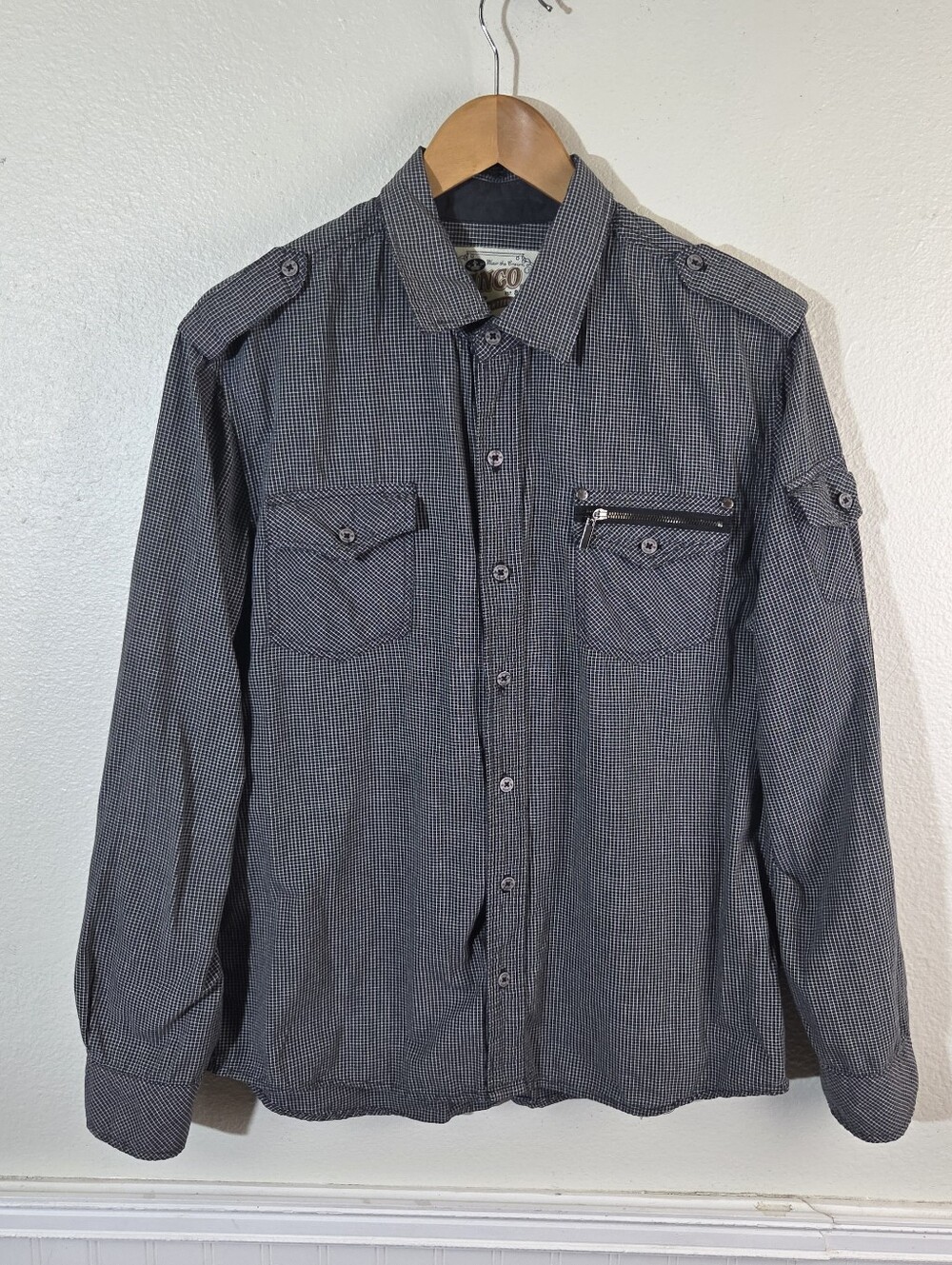 Vintage JNCO Crown Brand Y2K Checkered Shirt Mens L Long Sleeve Utility Zip Pock